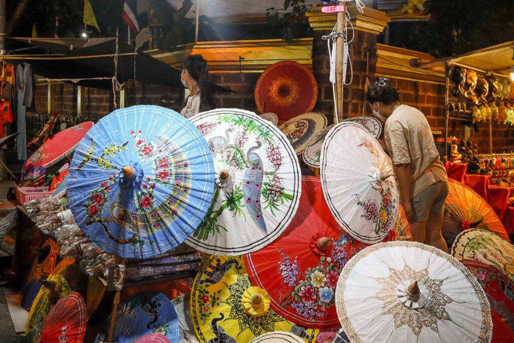 Traditional Thai umbrellas sold in a market in Chiang Mai