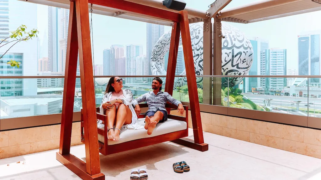 Terrace of the 25 hours hotel in Dubai with view over the museum of the future