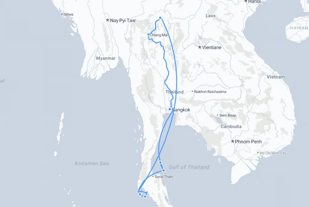 Thailand itinerary 3 weeks Map