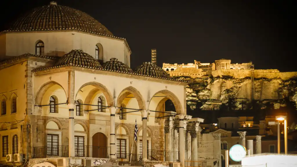 Monastiraki Square Athens at night - Perfect view of the Acropolis