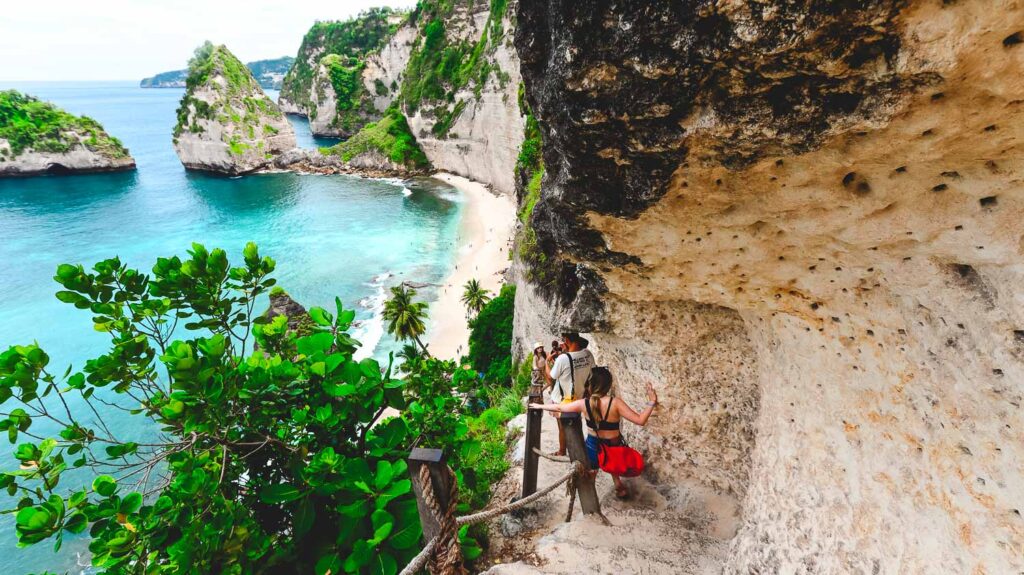 The Diamond Beach staircase carved into the limestone cliff, with several photogenic viewpoints along the way