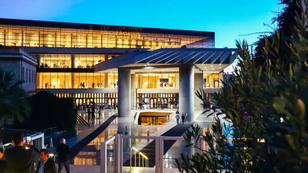 The futuristic entrance to the Acropolis Museum of Athens
