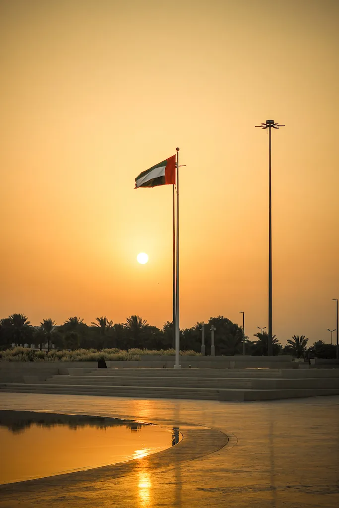 Abu Dhabi at sunset view of Wahat AlKarama Fountain