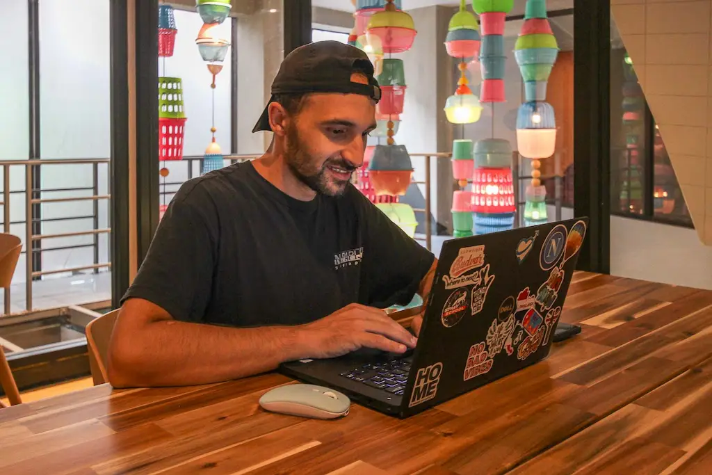 Working from the co-working space in the Lubd hostel in Bangkok Siam