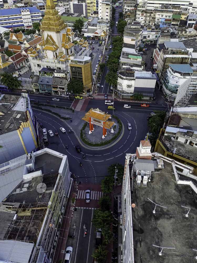 Chinatown gate drone shot Aerial view of the Chinatown Gate roundabout in Bangkok.