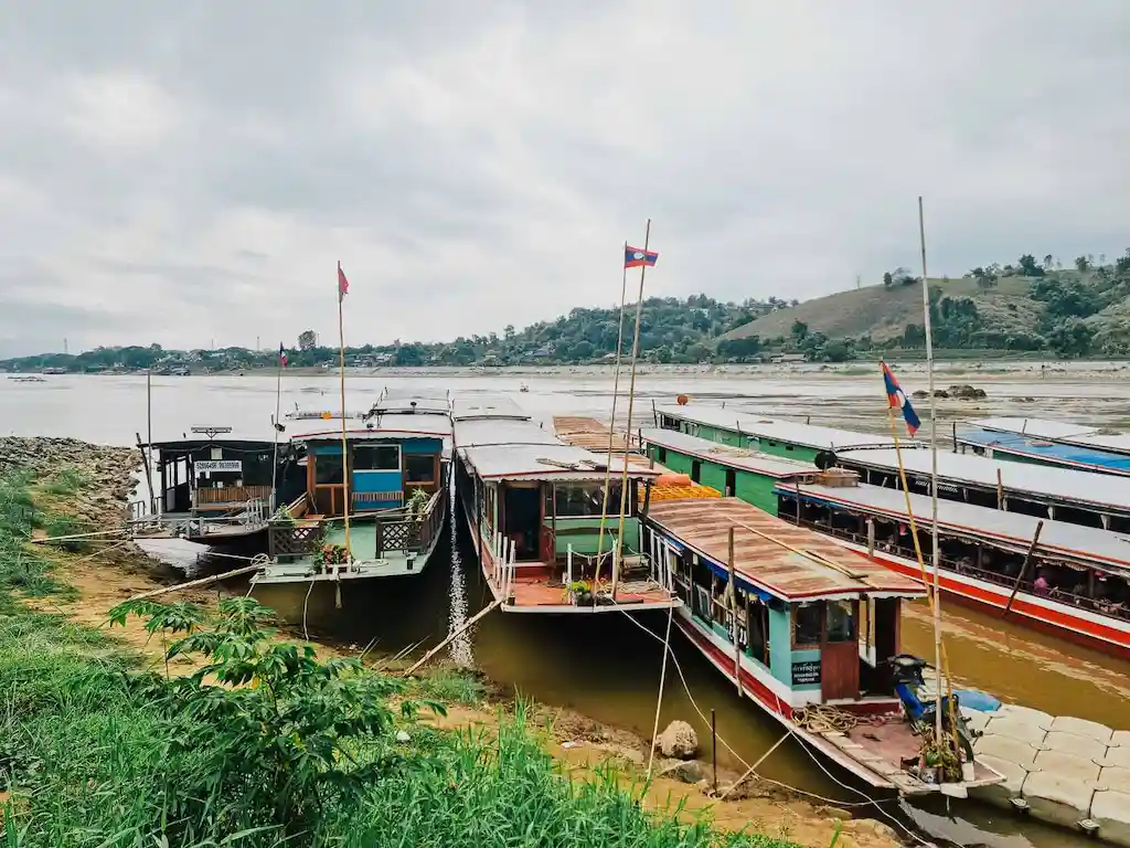 South East Asia Backpacking in Laos Mekong River Boat two days - Boats in Pak Beng on day 2