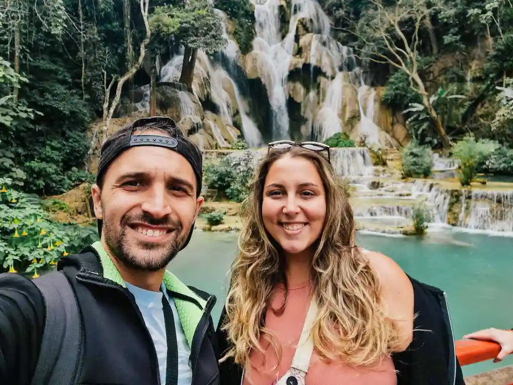 Toti and Ale in Kuang Si Waterfalls | Reasons why visit Luang Prabang