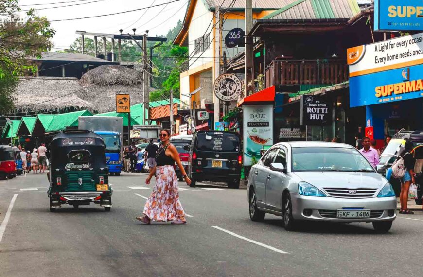 Crossing the streets of Ella town in Sri Lanka highlands