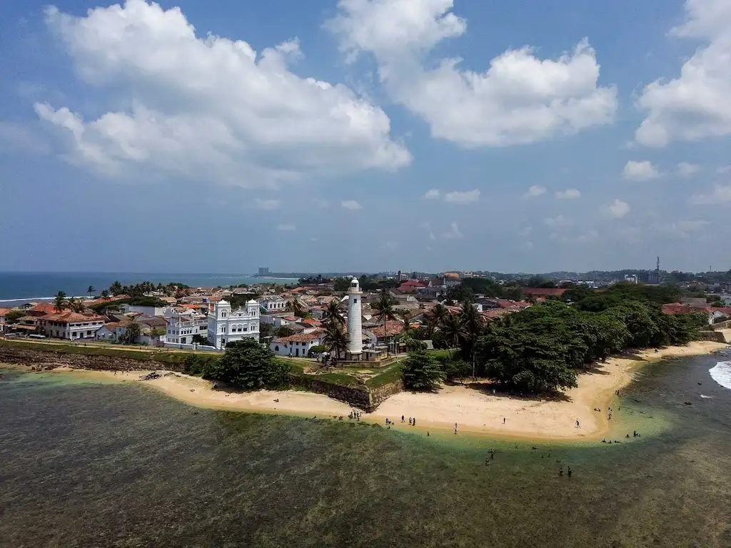 The view of Galle Fort and Lighthouse with the beaches in Sri Lanka