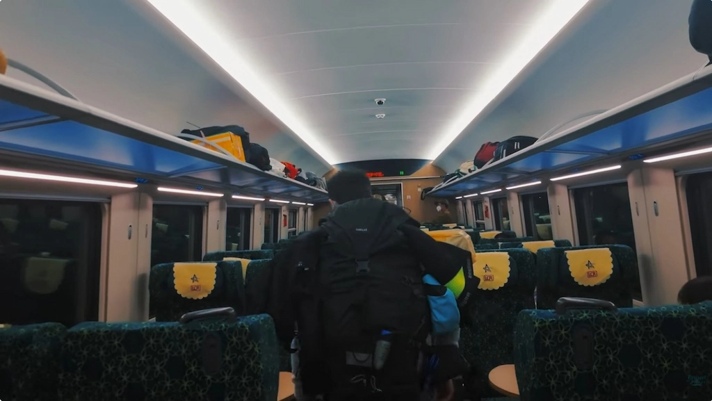 Getting inside the train with our huge 50lt backpack was a challenge - there is very tight space in between the seats