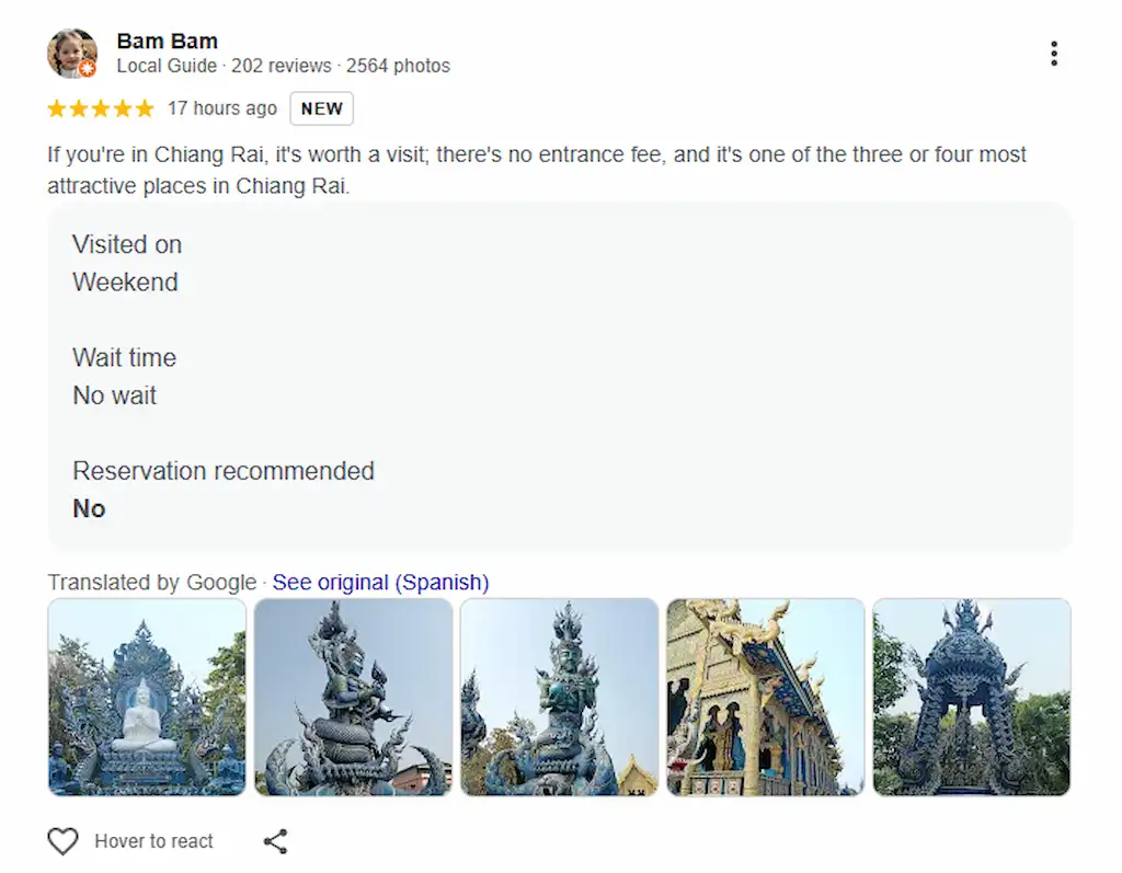 Google review confirming free entrance to Blue Temple in Chiang Rai