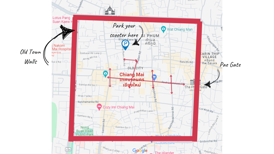 Chiang Mai Sunday Night Market Map easy to scan with parking space for scooters