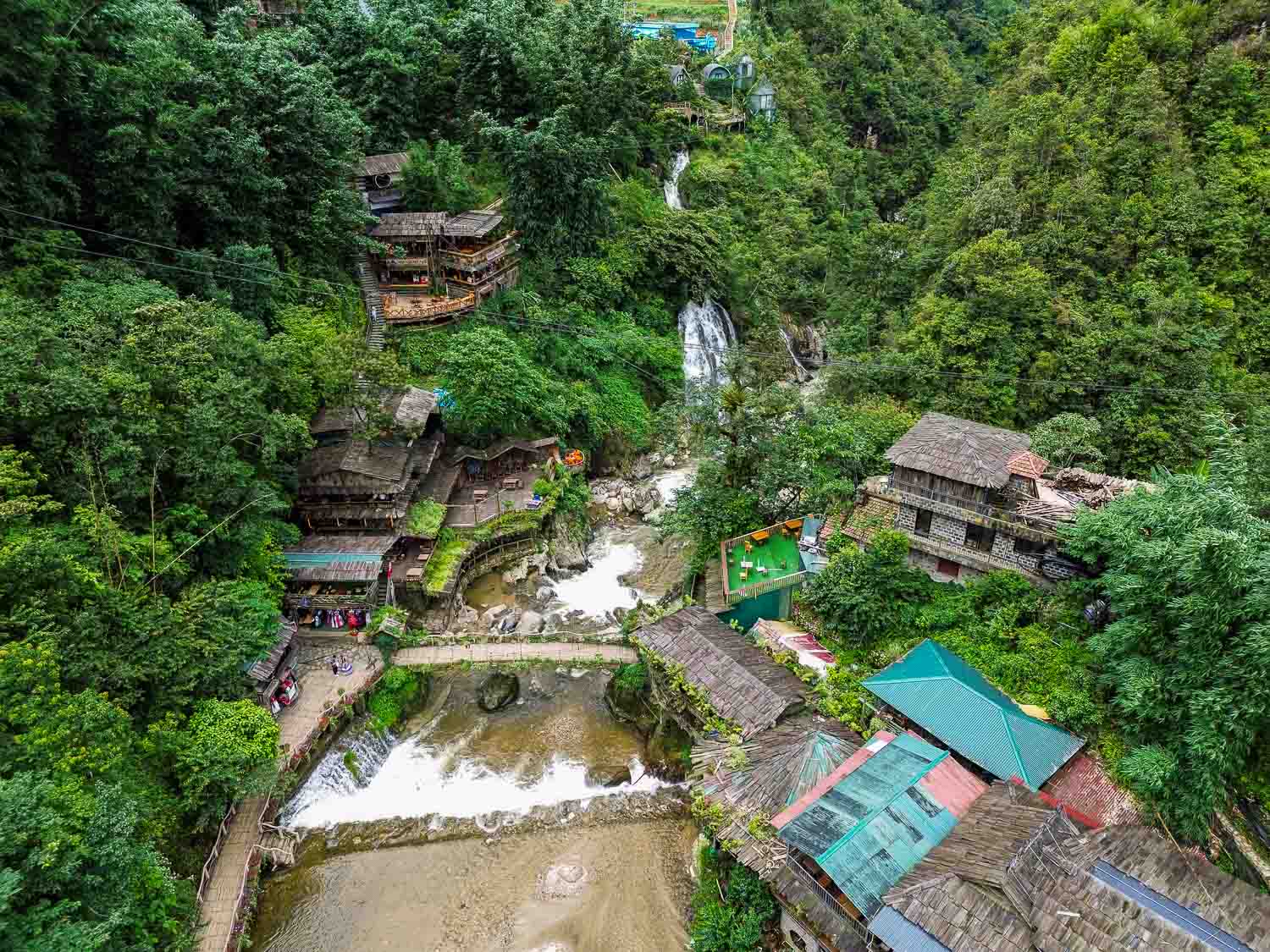 Cat Cat village waterfall Drone footages of cat cat village in Sapa with the waterfall
