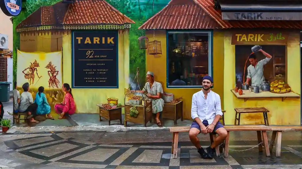 Sitting on the bench at Arab Street waiting for a bubble tea