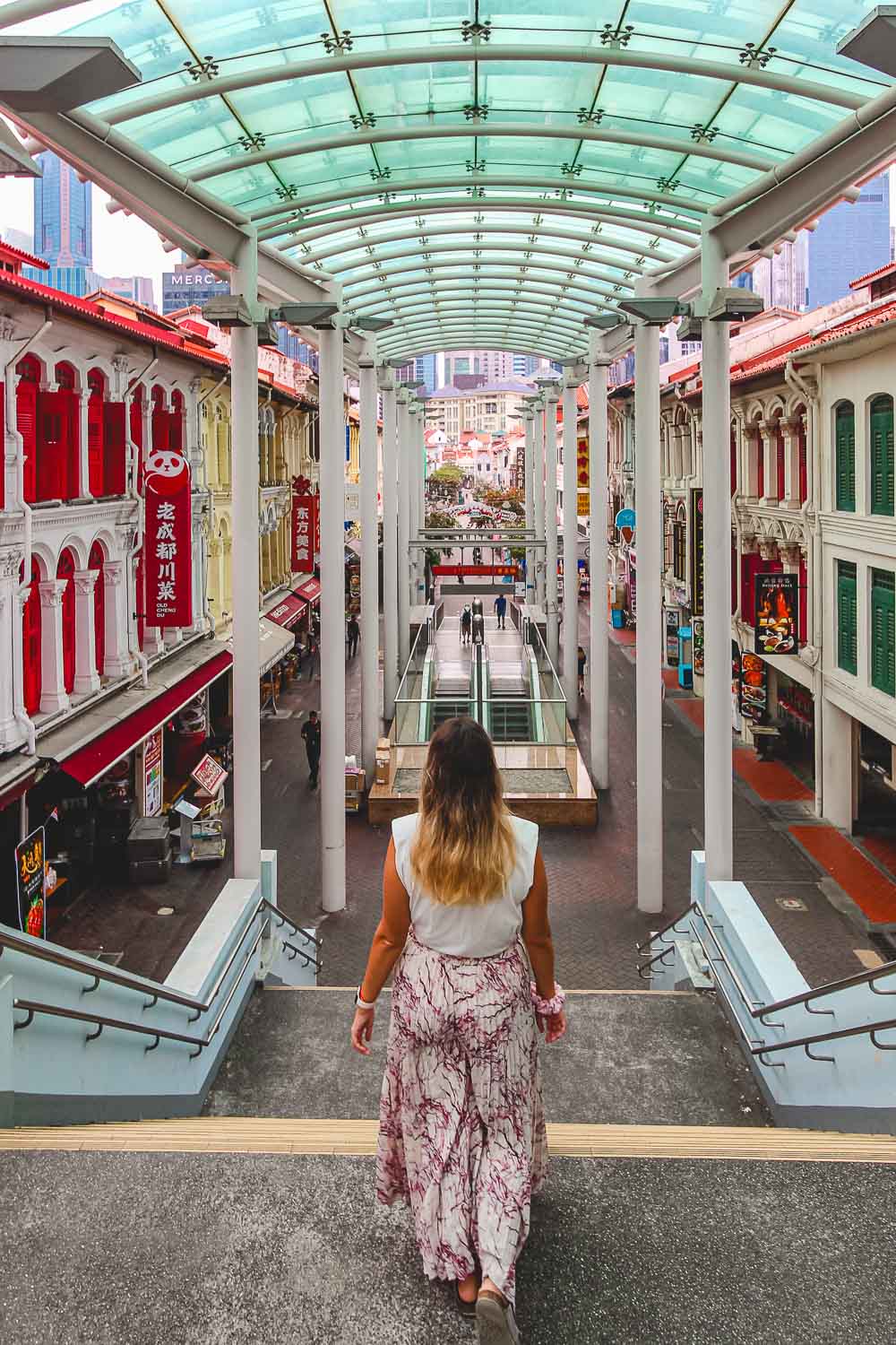 Bimba walking down the stairs in Chinatown