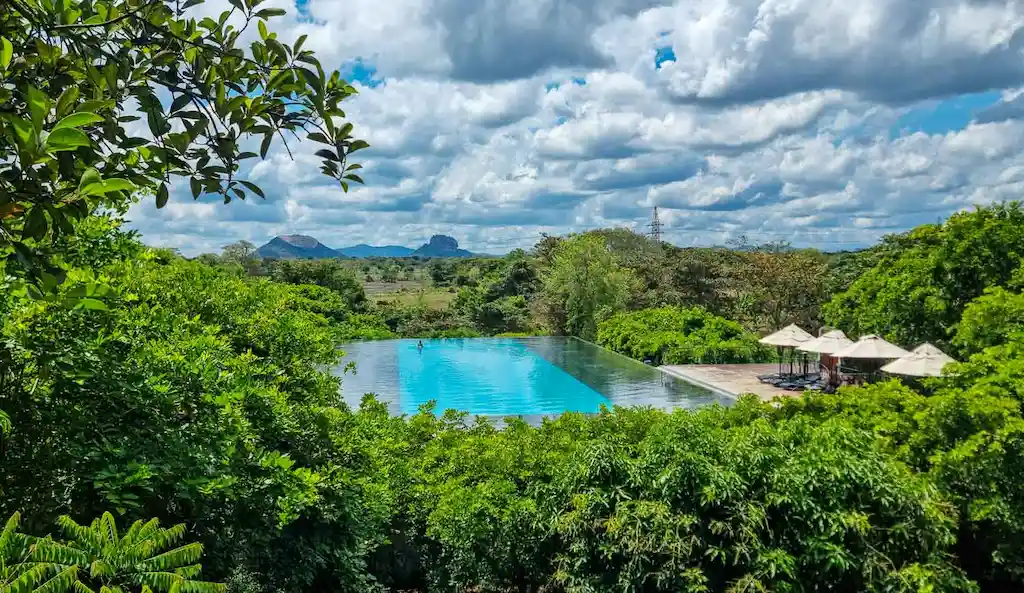 The infinity pool at Aliya Resort in Sri Lanka with incredible view of Sigiriya