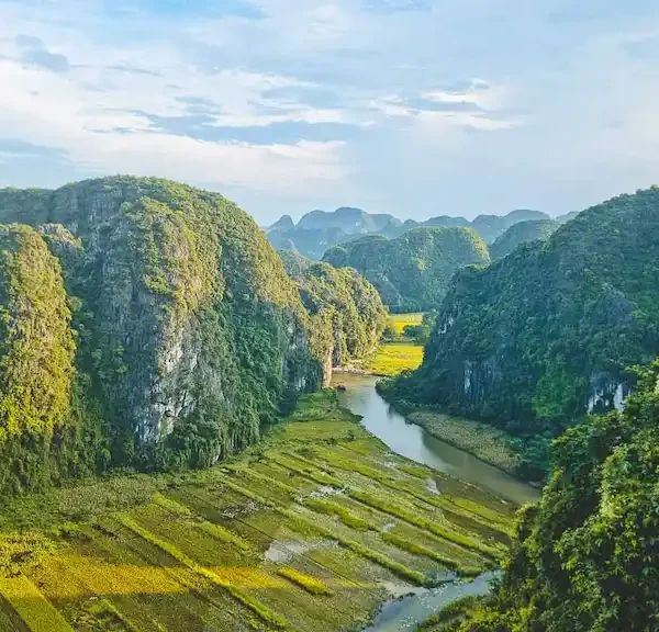 The river in Tam Coc ninh binh passing through the green karst
