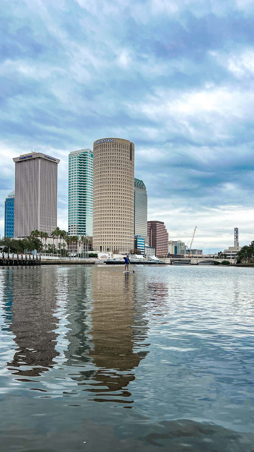 The view from the river when paddleboarding downtown Tampa