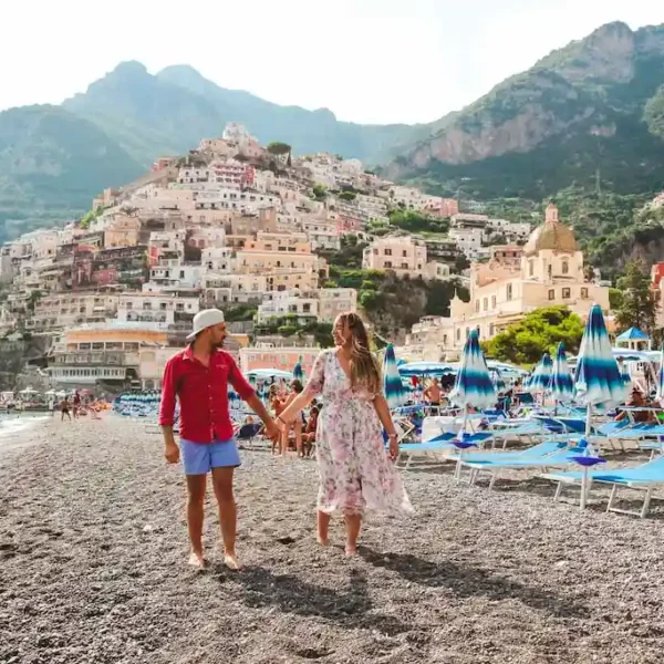 Toti and Ale best travel couple UK walking in Positano Beach - Best photos for instagram from Positano