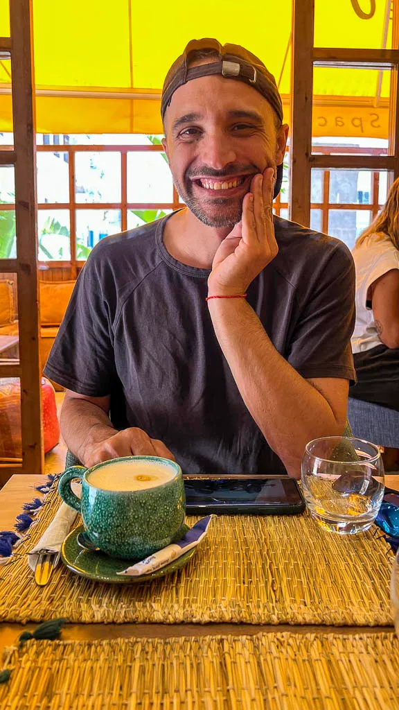 Toti enjoying a coffee at Playa surf Tamraght