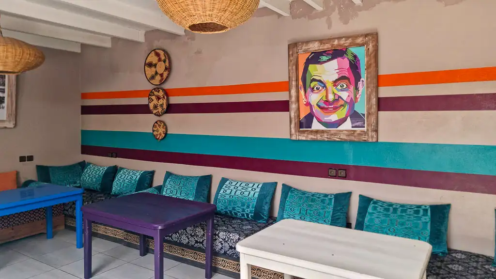 The lounge at Moga Hostel in Essaouira where we worked for a few days staying in a cheap hostel to balance costs
