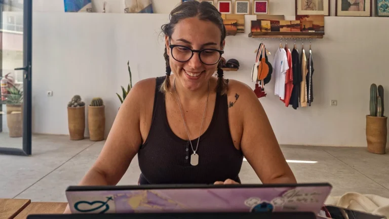Ale working from our favourite coffee place and co-working in Tamraght, hub of digital nomads on the Atlantic Coast of Morocco