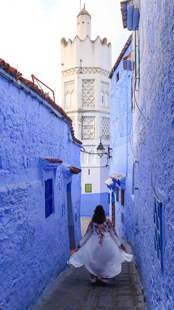 Beautiful corner of Chefchaouen with the white mosque Incredible view of the white mosque of Chefchaouen