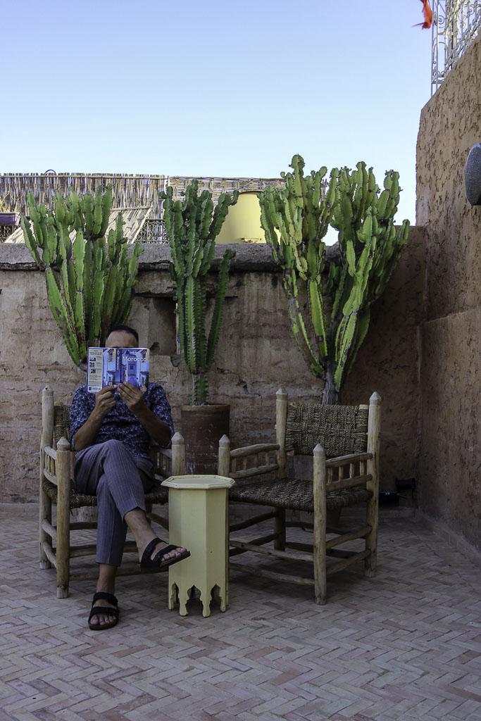 Toti reading a book in the beautiful garden in Riad TIzwa Marrakech 