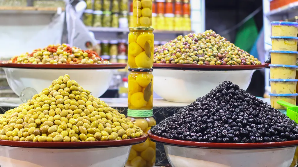 Olives of Morocco Olives in the local souk of Marrakech - DIY Marrakech food tour
