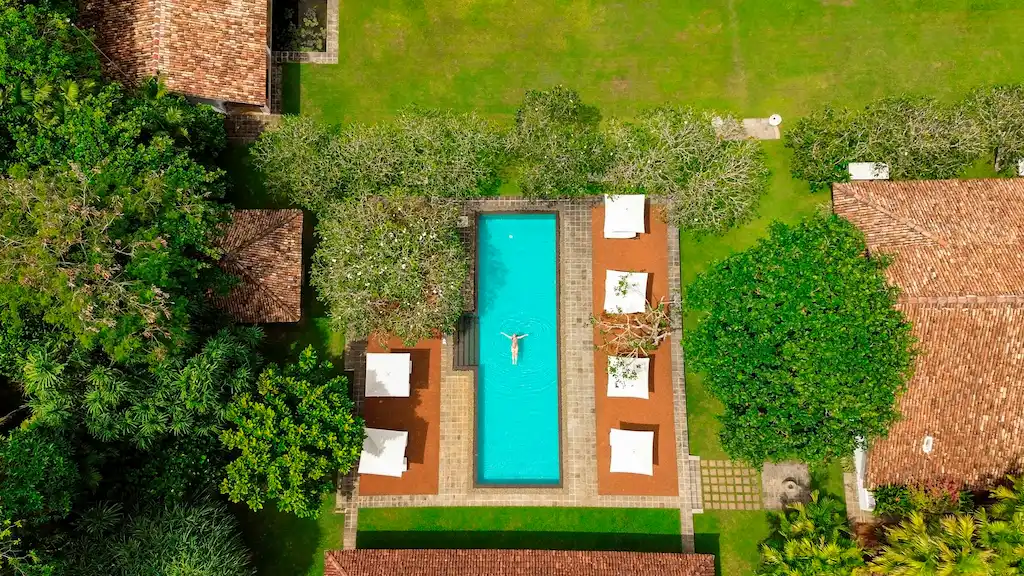 Bentota The Rock Villa Pool and Garden Pool view from the drone at The Rock Villa by Nyne hotels Bentota