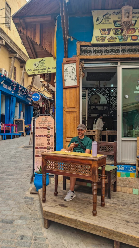 Toti enjoying a berber coffee in Fes Medina - Al Oud was our stop for coffee every morning in Fes.