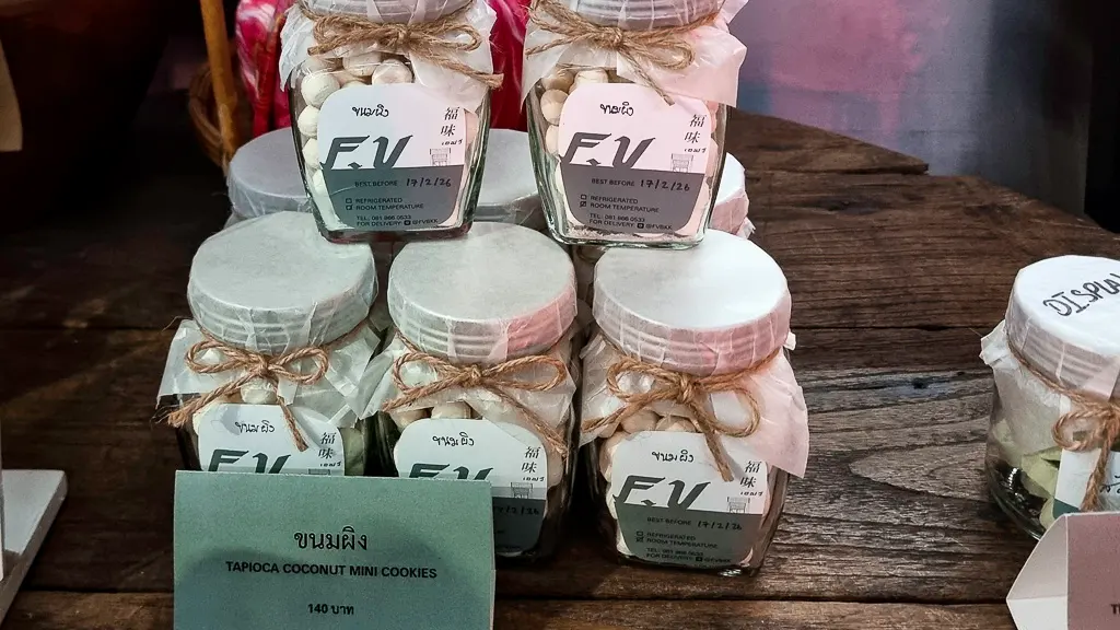 Insde FV cafe FV Cafe specialty products and merchandise display Song Wat Road Bangkok