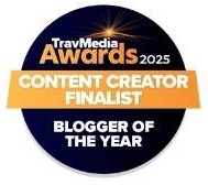 Travel Media Awards Passport and Stamps Blogger of the year finalist Top Content Creators UK 2025 Blogger of The year finalist badge for Finalist Content Creator Passport and Stamps duo Toti and Ale
