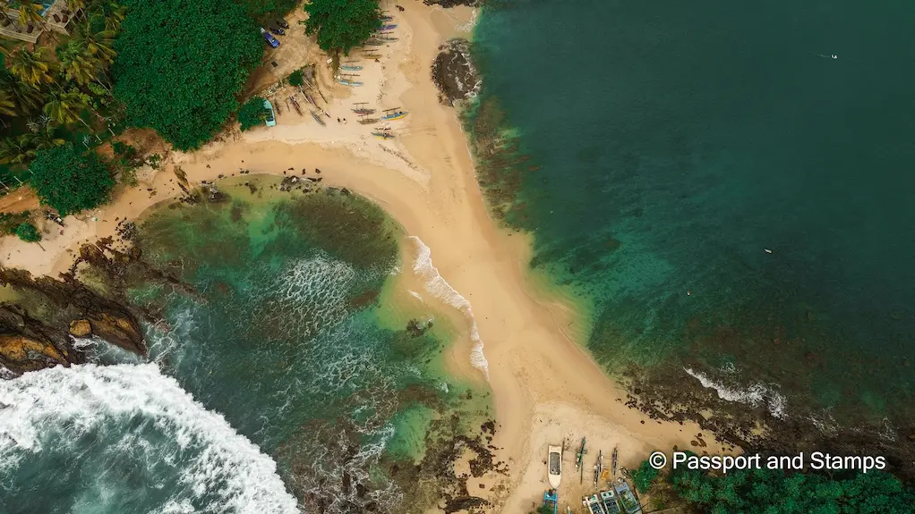 Blue Island Beach View from the Drone The narrow sandy bar between mainland and blue island beach at low tide