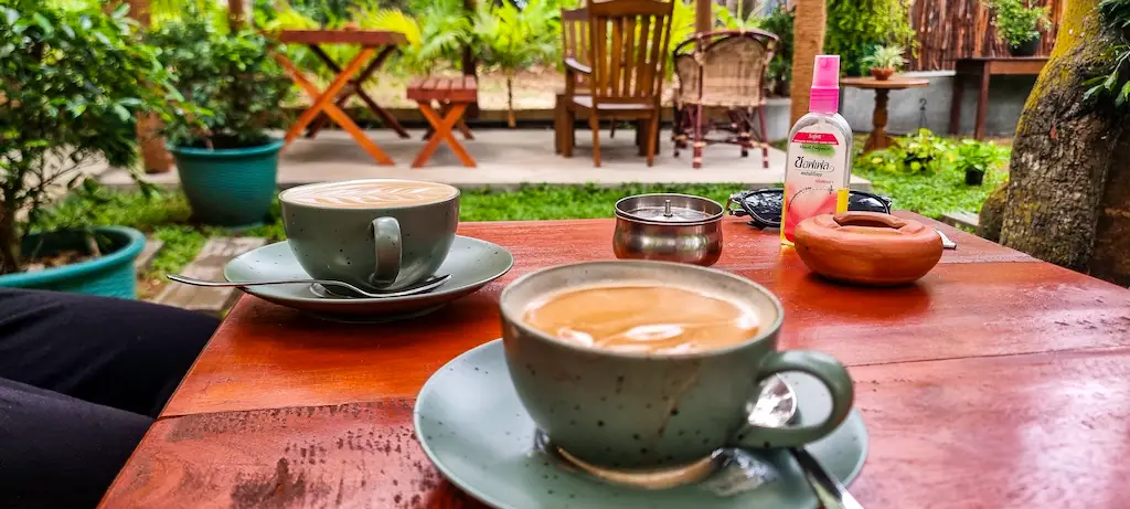 Latte from avo toast in Hiriketiya - Sitting outside in their garden space