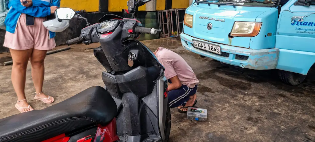 Our tire was flat after many days going around the south coast of Sri Lanka so we had it checkout and costed only $3