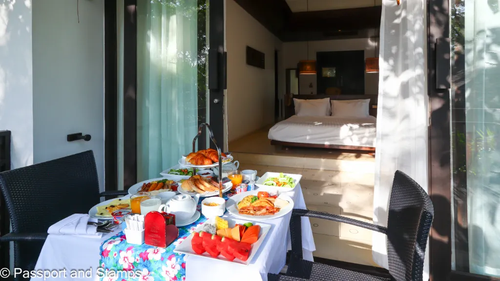 The breakfast served in the villa on our balcony on the second day